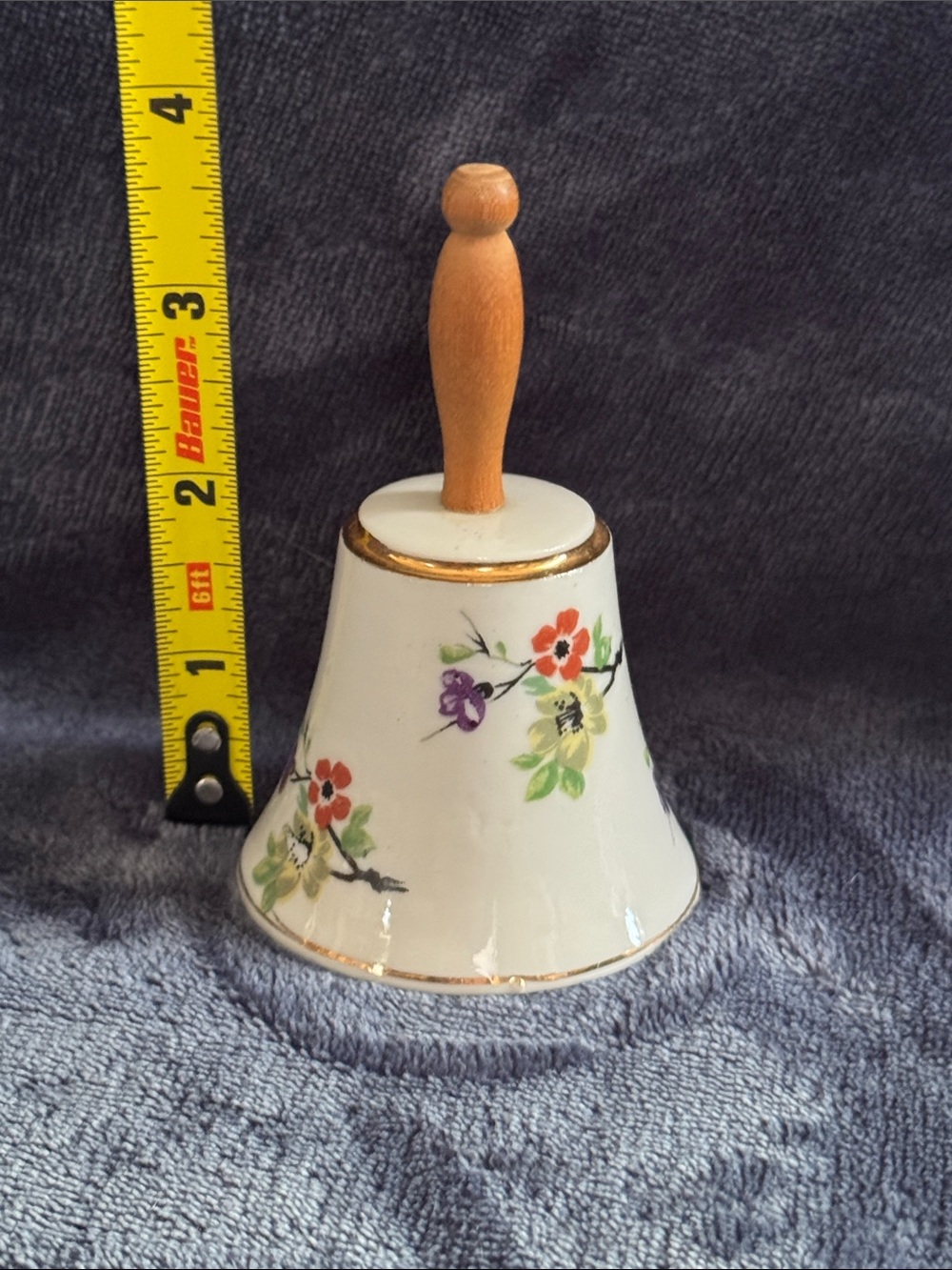 Bauer White Floral Ceramic Bell with Wood Handle
